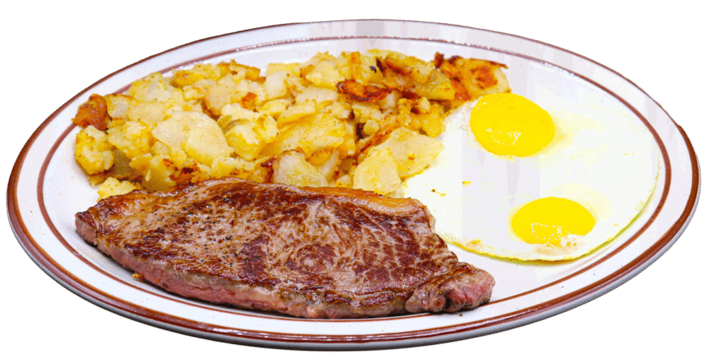 Steak and eggs served with country potatoes